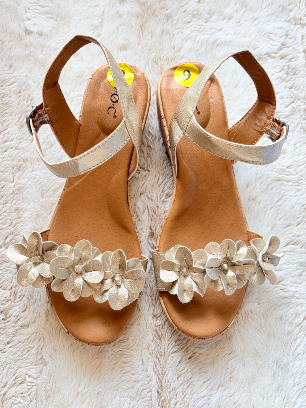 ✨ B.O.C Born Gold Leather Floral Cork Wedge Sandals Y2K Boho Fairycore Wedding